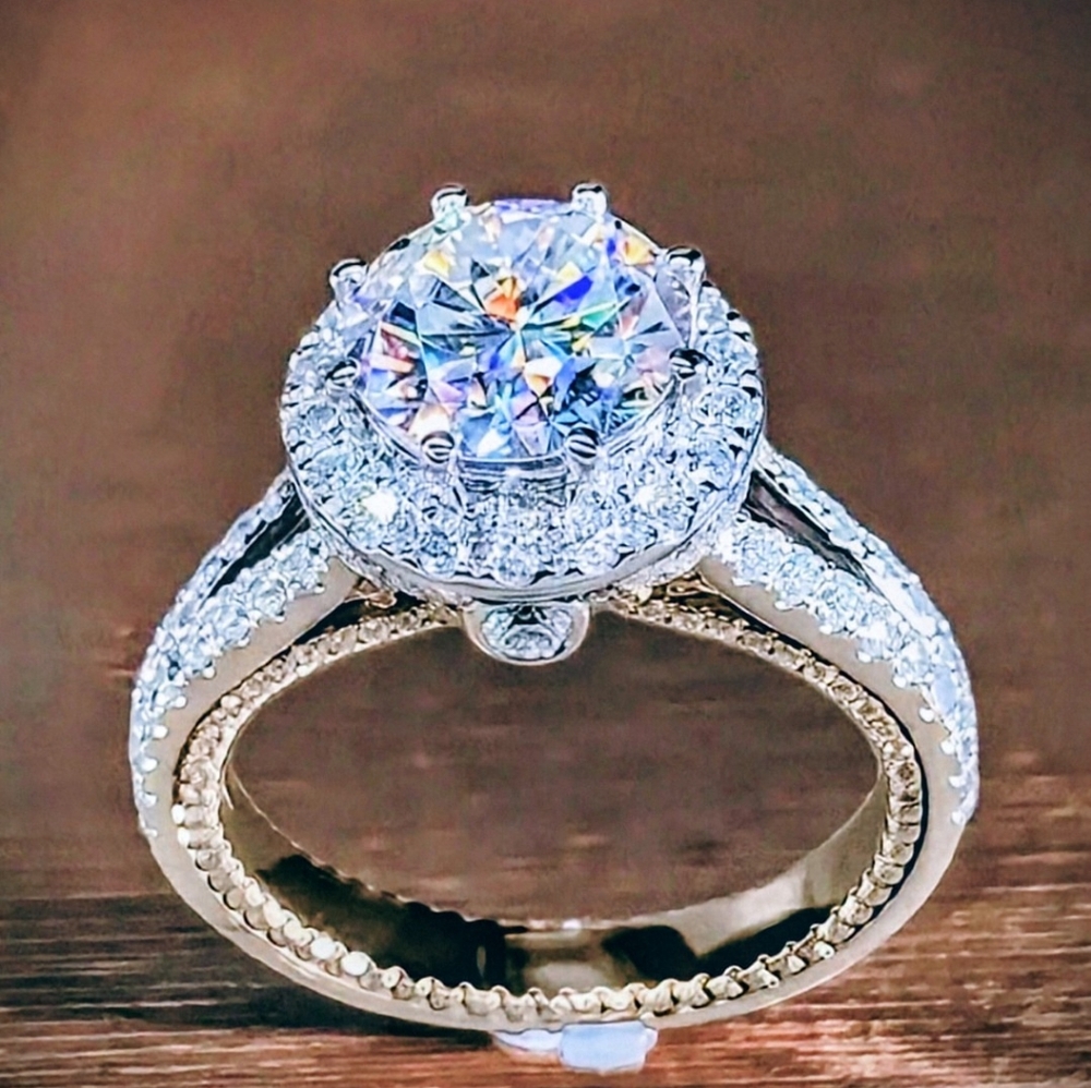 Silver 2 Carat Moissanite Lab-Created Diamond Sz-7 Ring Iced W/ Moissanite Gems